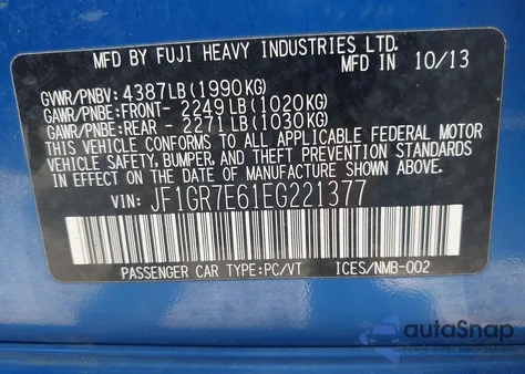 2014 Subaru Impreza Wrx from USA, damaged, VIN JF1GR7E61EG221377